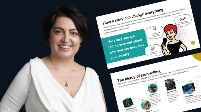 Article banner by Andreea Design illustrating how to create an authentic and compelling brand story.