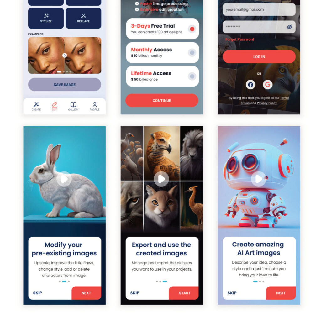 Mobile app design portfolio by Andreea Design showcasing an AI‑powered photo and video editing application.