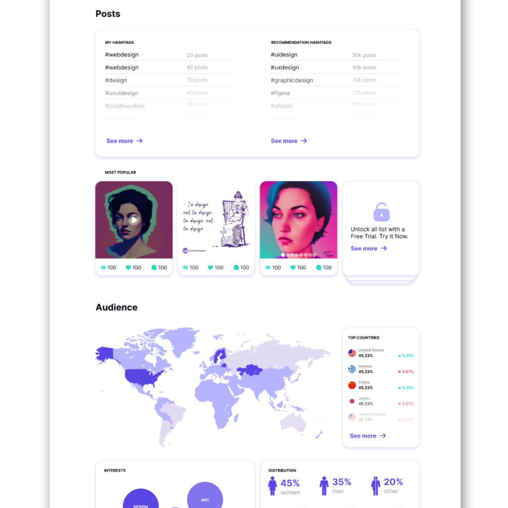 Web design portfolio by Andreea Design featuring a modern social media platform interface concept.