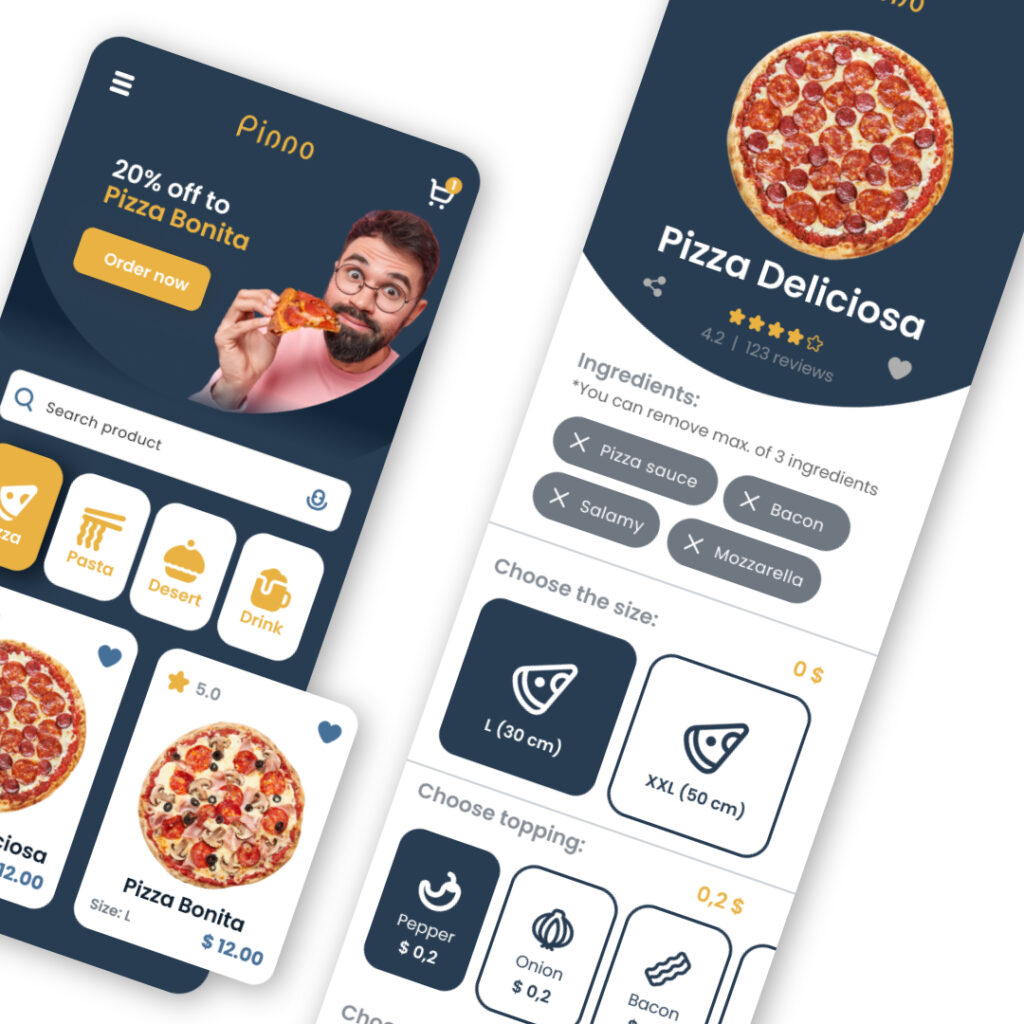 App design portfolio by Andreea Design showcasing a pizza delivery interface with an intuitive user experience.