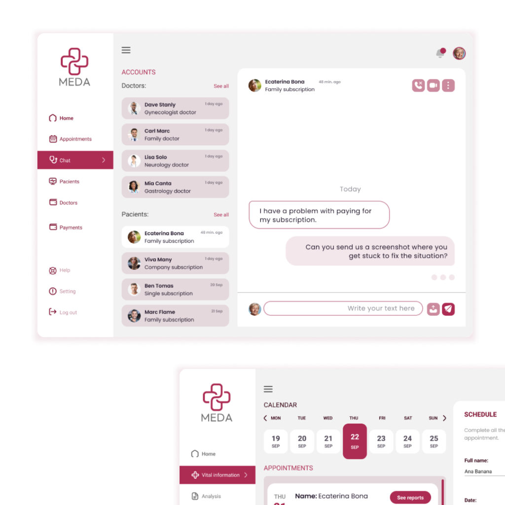 Web app portfolio by Andreea Design showcasing a digital platform for booking and managing medical appointments.
