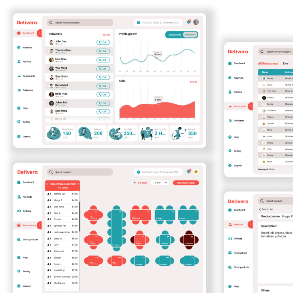 Web app portfolio by Andreea Design featuring a modern delivery and reservation application interface.