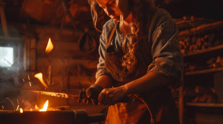 A focused woman blacksmith forging a glowing dagger, symbolizing creative mastery and transformation in storytelling.