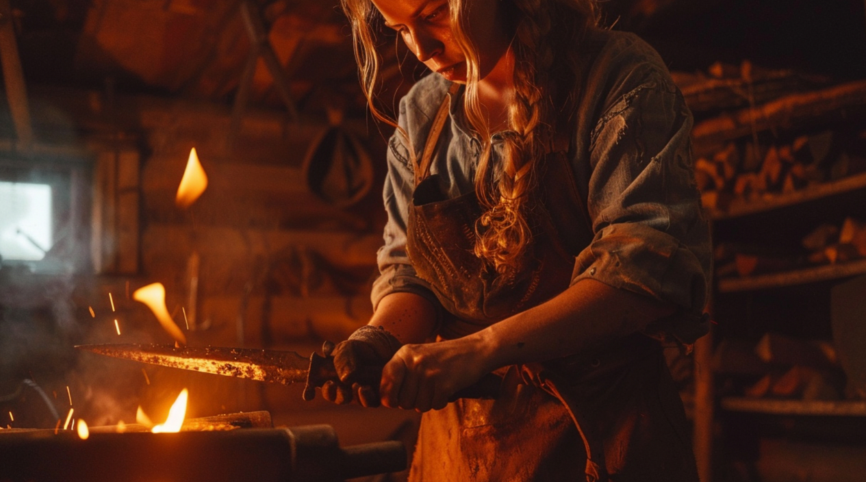 A focused woman blacksmith forging a glowing dagger, symbolizing creative mastery and transformation in storytelling.