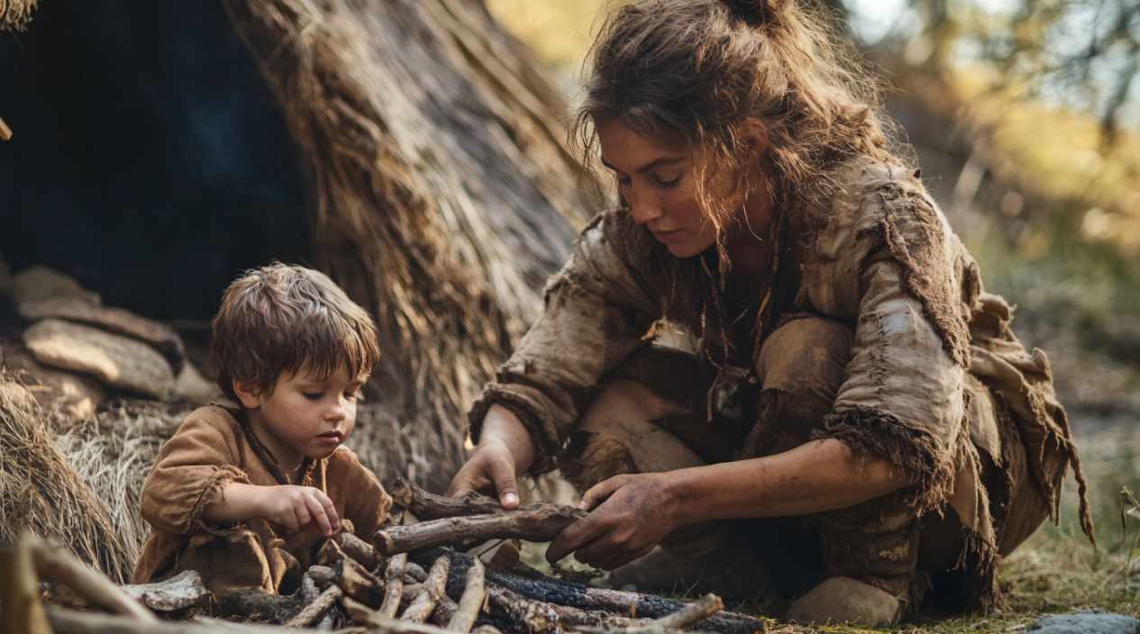 Cregiver archetype. A Viking woman teaching her child to light a fire, symbolizing care, guidance, and the nurturing spirit of the Caregiver archetype.
