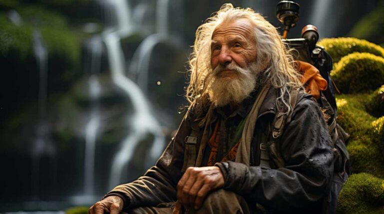 The explorer archetype. An elderly traveler with a backpack exploring new horizons, symbolizing curiosity, freedom, and the spirit of the Explorer archetype.