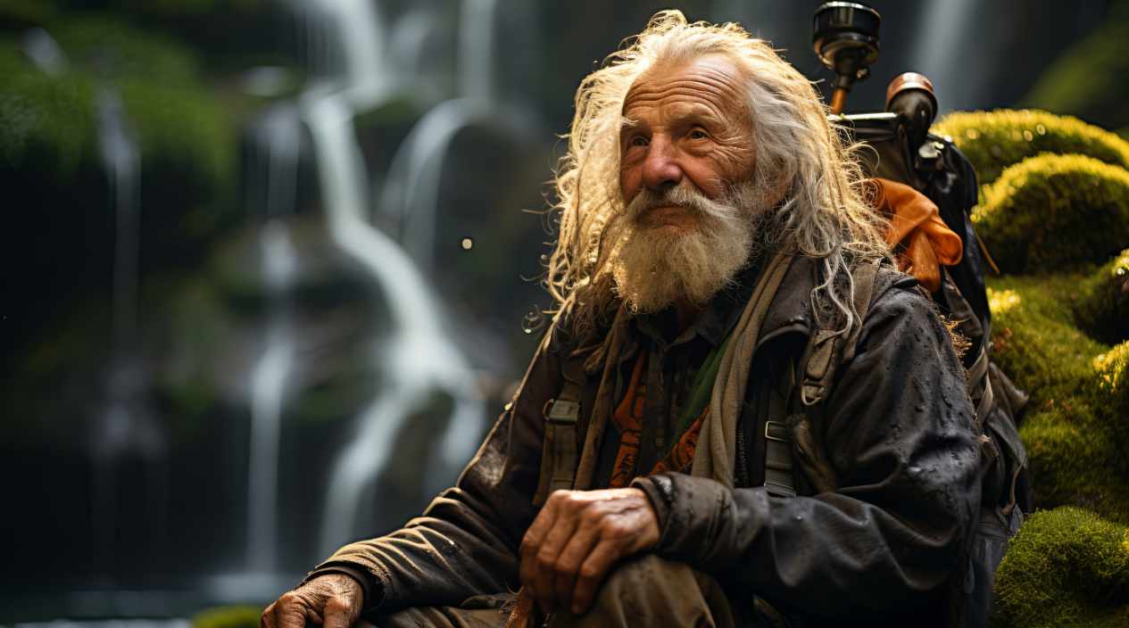 The explorer archetype. An elderly traveler with a backpack exploring new horizons, symbolizing curiosity, freedom, and the spirit of the Explorer archetype.