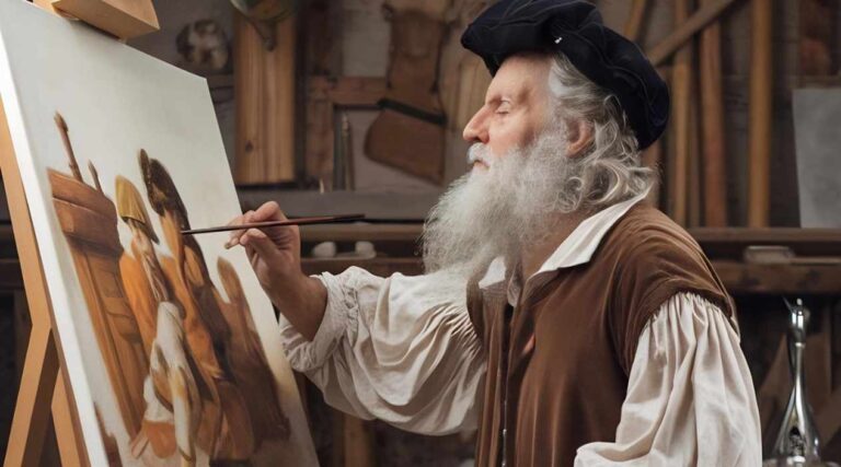 An elderly medieval painter with a long white beard, wearing a traditional robe and beret, standing at an easel in a rustic workshop, thoughtfully painting on canvas with vibrant colors, evoking creativity and craftsmanship.