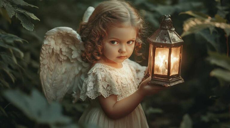 A sweet baby girl angel with delicate wings, wearing a glowing white dress, gently holding a bright magical light in her hands while standing in an enchanted forest, evoking purity, innocence, and hope.