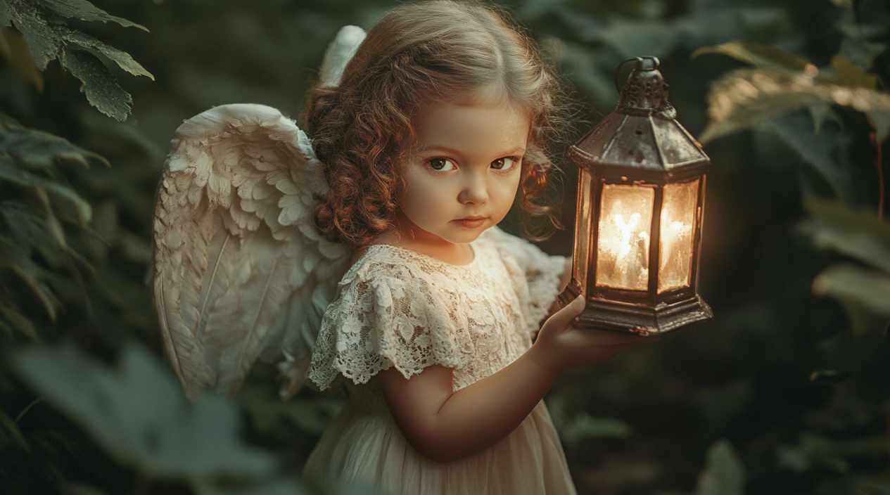 A sweet baby girl angel with delicate wings, wearing a glowing white dress, gently holding a bright magical light in her hands while standing in an enchanted forest, evoking purity, innocence, and hope.