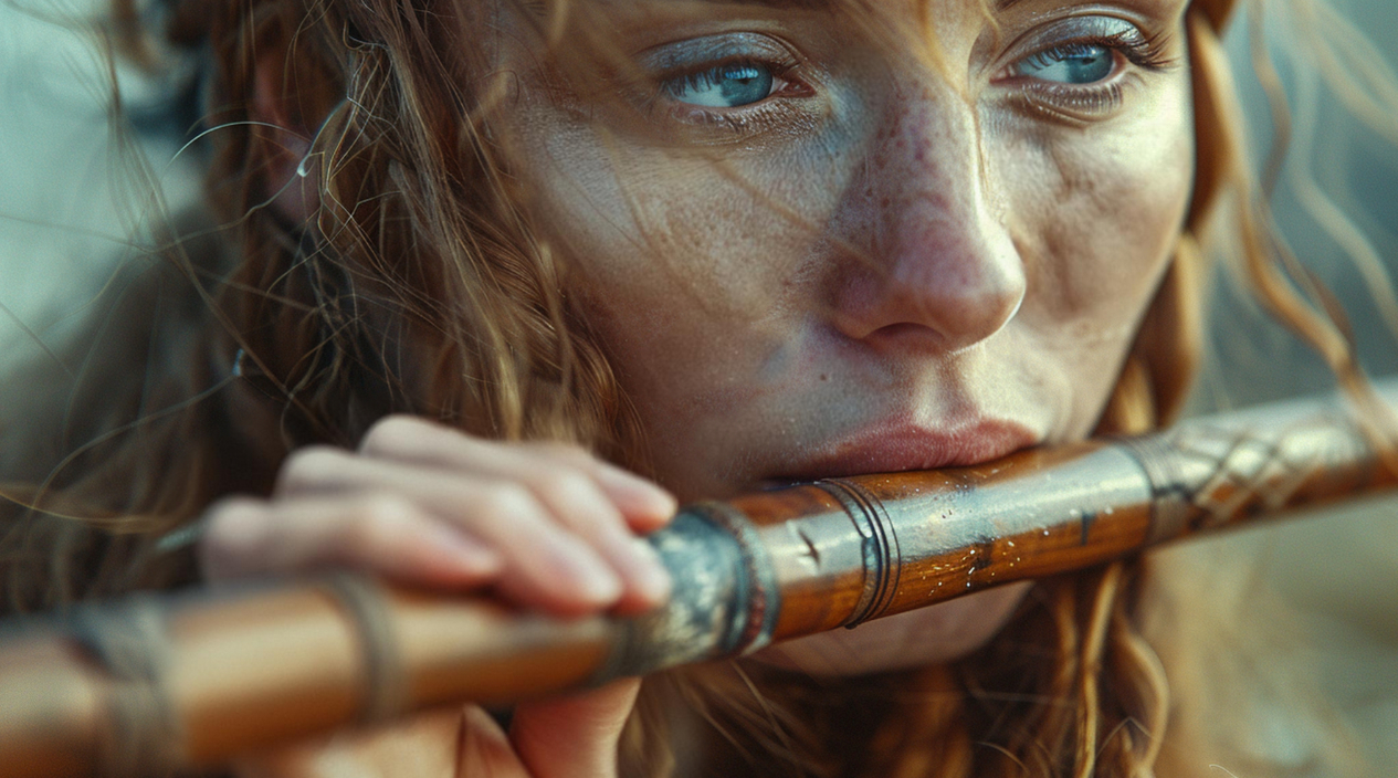 Stories you tell A Viking woman playing a flute, symbolizing the ancient art of storytelling and emotional connection through powerful narratives.