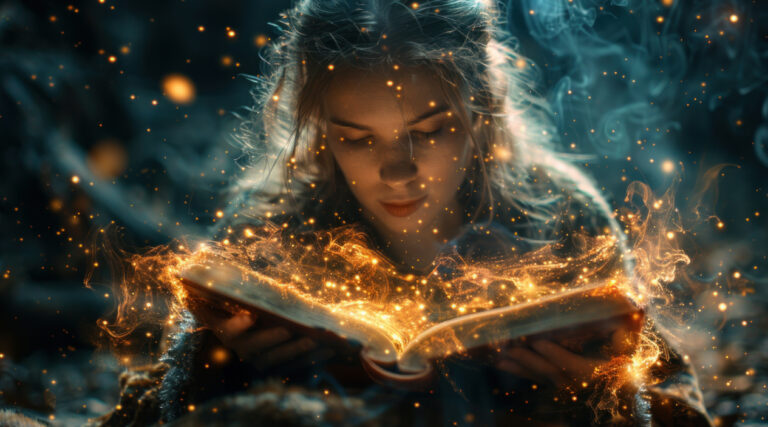 A woman opening a glowing magical book, symbolizing the power of storytelling to transform ordinary brands into irresistible brands.
