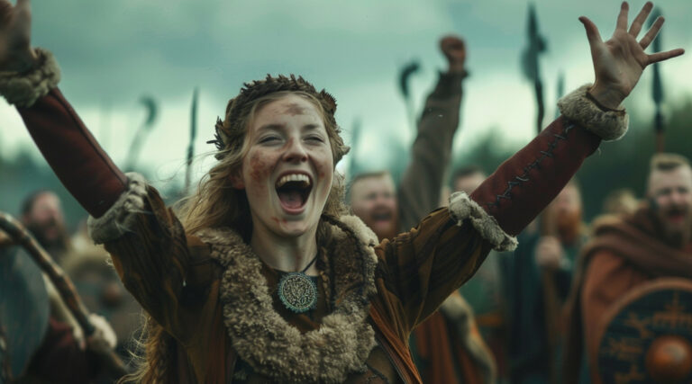 A joyful Viking woman smiling after battle, symbolizing victory, resilience, and the emotional power of storytelling.