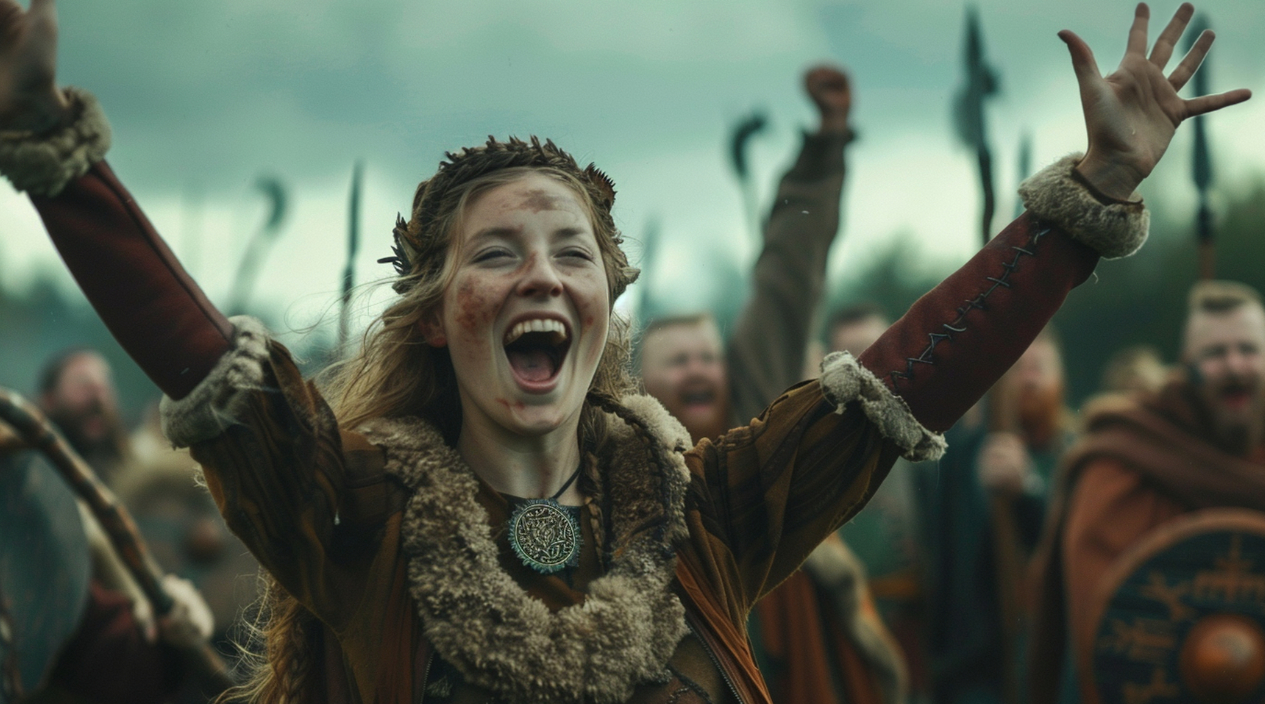 A joyful Viking woman smiling after battle, symbolizing victory, resilience, and the emotional power of storytelling.