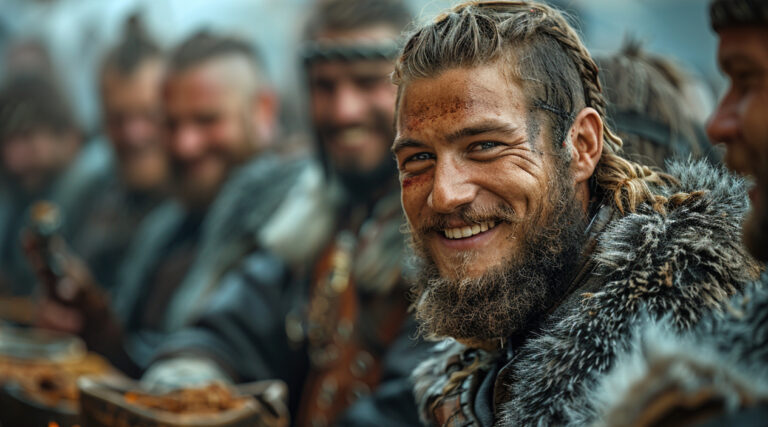 Brain craving stories Vikings sharing a meal around a wooden table, symbolizing storytelling, community, and the ancient roots of human connection.