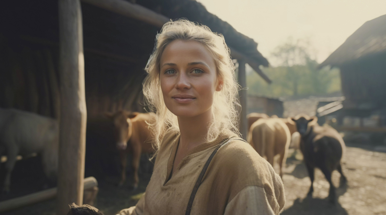 A humble peasant standing in an ancient village, symbolizing the warmth, simplicity, and authenticity of the Everyman archetype.