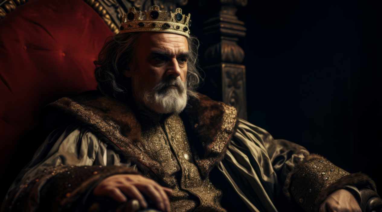 A medieval king (ruler) wearing a crown and royal cloak, symbolizing authority, leadership, and the commanding essence of the Ruler archetype.