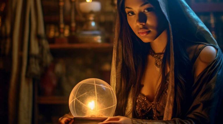 Mystical gypsy woman with magical globe representing the Magician brand archetype