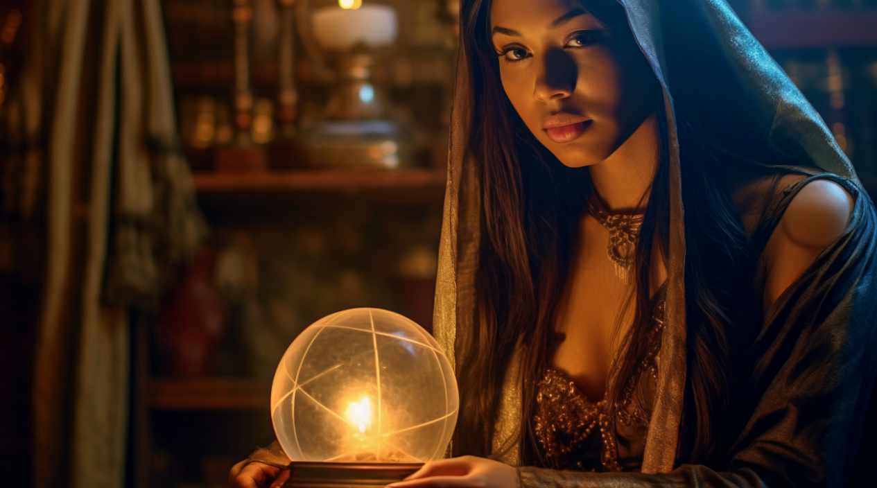 Mystical gypsy woman with magical globe representing the Magician brand archetype