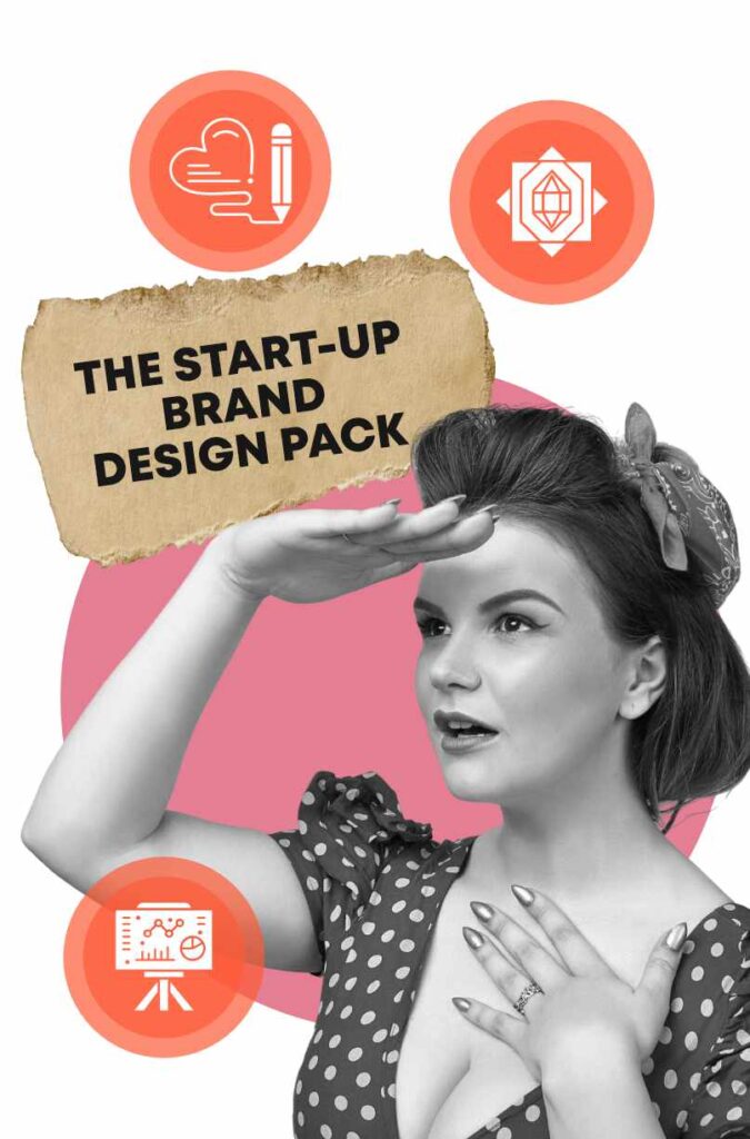 Woman discovering a professional startup brand design pack service, featuring logos, consultation, and brand collaterals