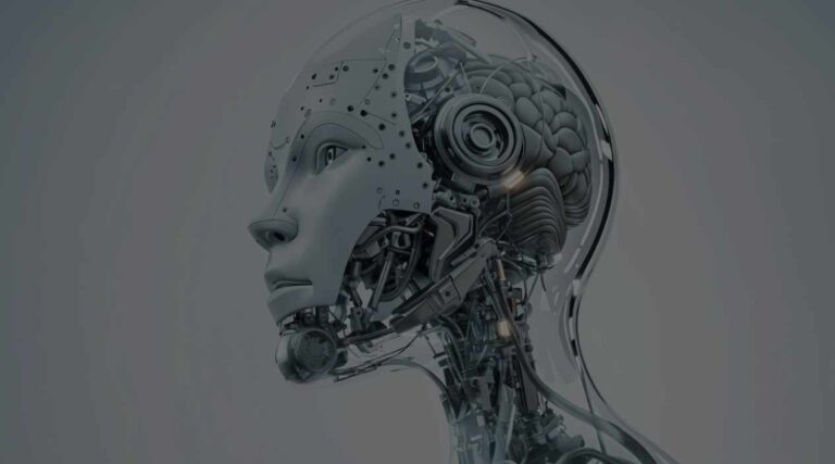 Robot and human hand touching in a symbolic gesture of collaboration, representing human-centered AI design