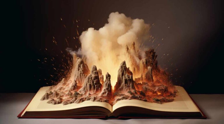 An open book with a miniature volcano erupting from its pages, symbolizing the power of storytelling.