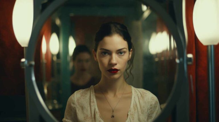 A thoughtful woman looking at her reflection in a mirror, symbolizing self-reflection and personal storytelling.