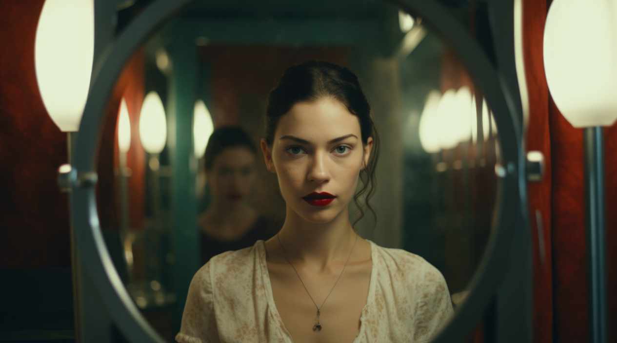 A thoughtful woman looking at her reflection in a mirror, symbolizing self-reflection and personal storytelling.