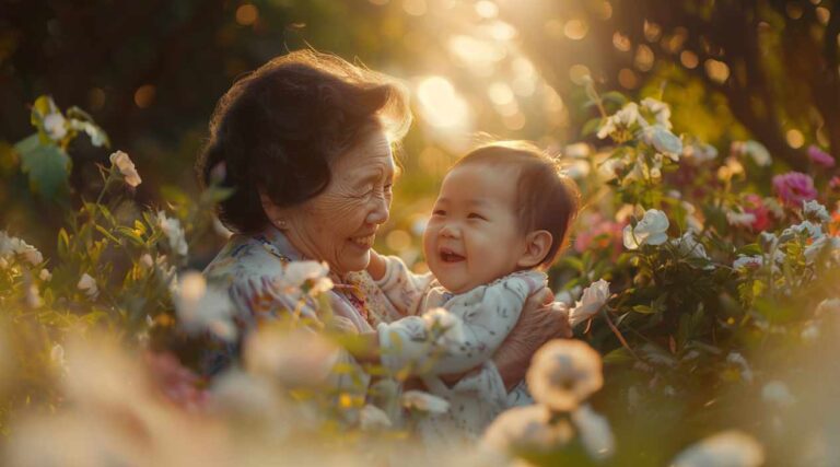 A grandmother and her young grandchild smiling together in a vibrant field of blooming wildflowers.