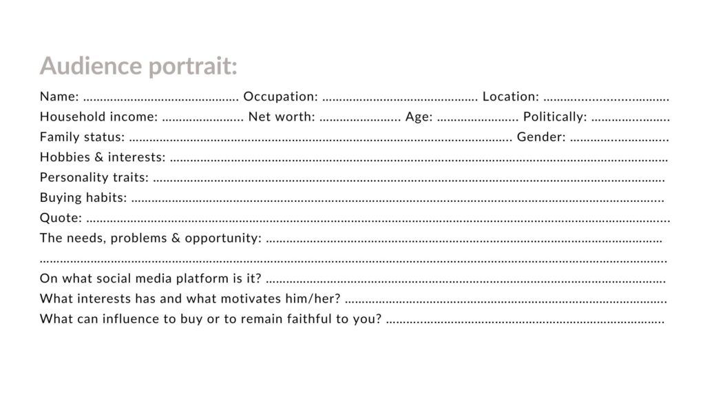 Audience persona portrait sheet detailing key demographic and psychographic traits.